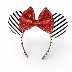 Custom Wicked Style Mouse Ears Headband Ruby Red Sequin Bow Black White Stripe